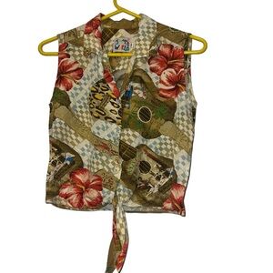 VTG Jams World Women’s Hibiscus Ukulele Hawaiian Rayon Shirt Tie Waist *SM/M*
